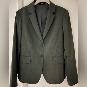 Theory, women’s blazer. Loden/olive green, size 6, wool, polyester, elastane.